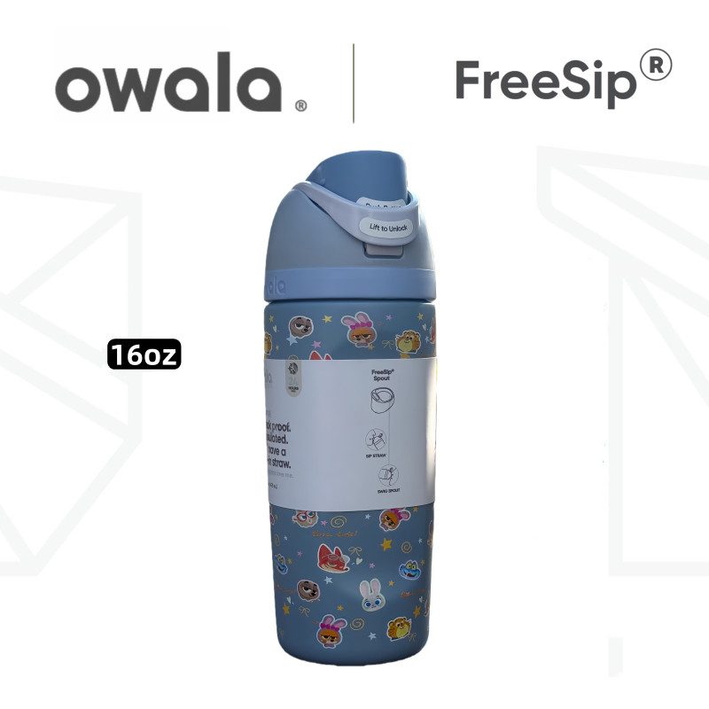 Owala Freesip Kids ขวดน้ําฉนวน 16 ออนซ์ – ฝาฟางสแตนเลส, ป้องกันการรั่วพร้อมที่จับสําหรับโรงเรียน, กีฬาและการเดินทาง