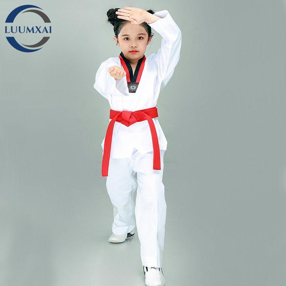 LUUMXAI เด็ก TKD เครื่องแต่งกาย, ผ้าฝ้ายสีขาวเทควันโดเครื่องแบบ, แฟชั่นแขนยาว V คอ Professional WTF 