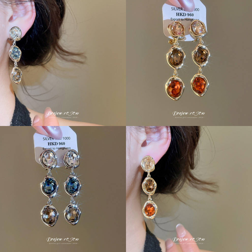 ต่างหู RhineStone Gradient สำหรับผู้หญิง แบบดังเกิลไม่จำเป็นต้องเจาะหู แฟชั่นสตรองtement