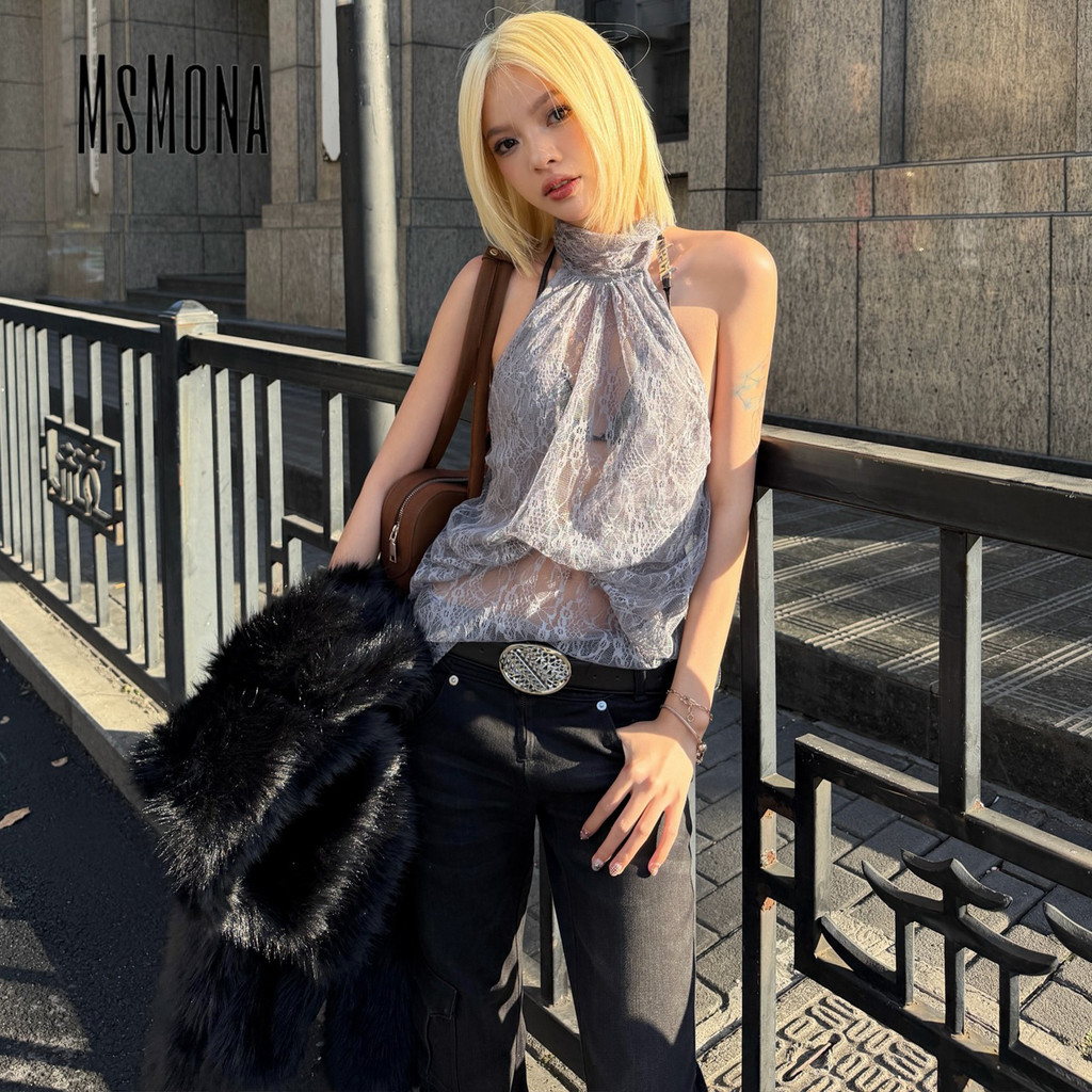 MsMona -tank top camisole ปี 2026 ใหม่ สไตล์เซ็กซี่ลูกไม้และเชือกลาเซอร์ สำหรับผู้หญิง