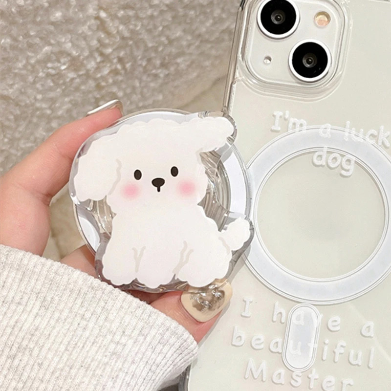 เกาหลีน่ารักสุนัขสีขาวสําหรับ Magsafe แม่เหล็กโทรศัพท์ Grip Tok Griptok สําหรับ iPhone 16 17 promax 15proUniversal พับไร้สายชาร์จกรณีผู้ถือแหวน