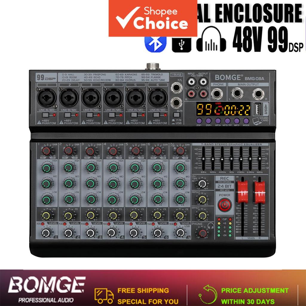 BOMGE เครื่องผสมเสียง 4/6/8 ช่อง พร้อมบลูทูธ 99 DSP, ไฟ Phantom 48V สําหรับงานพอดแคสต์และการบันทึกเสียงระดับมืออาชีพ
