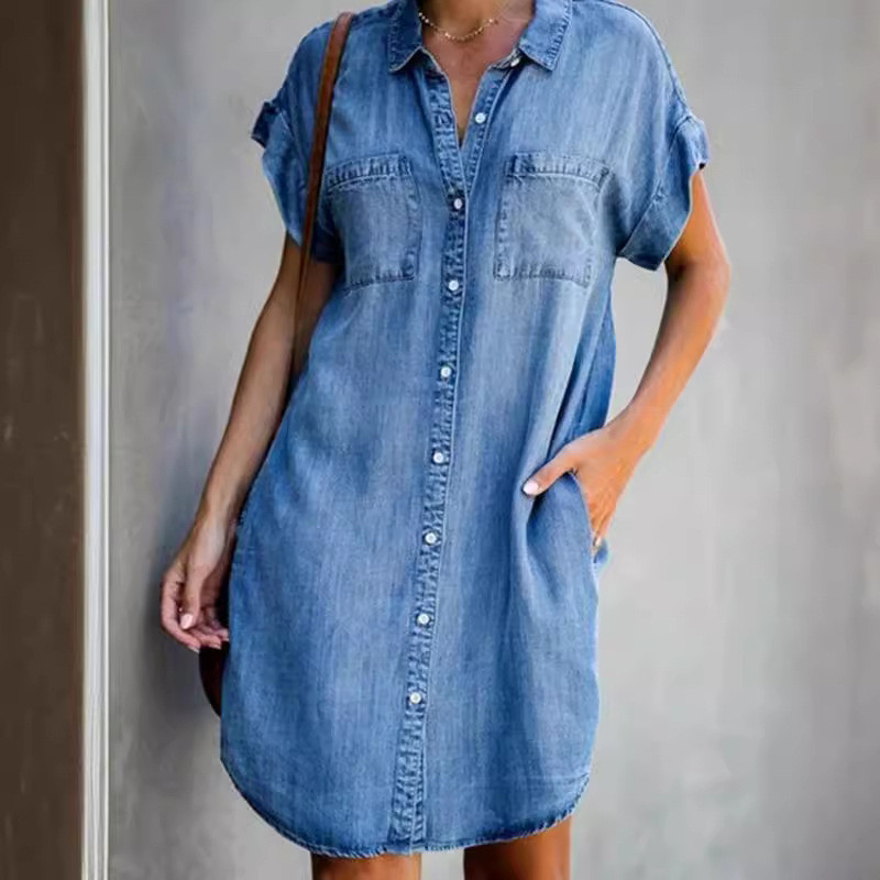 Bestseller In Europe & America: Short-Sleeved Slim-Fit Denim Midi Dress