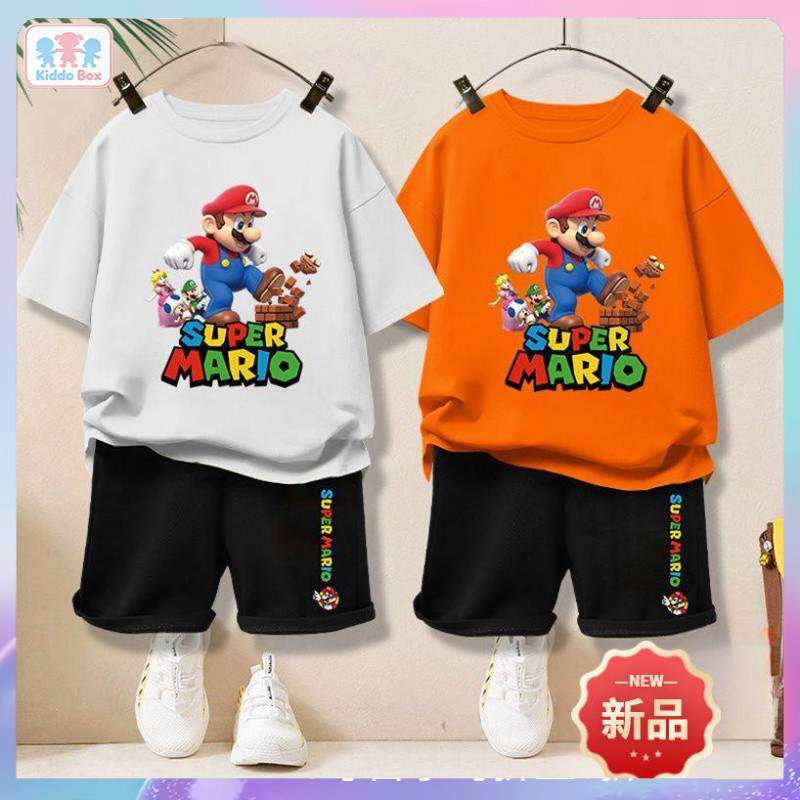 Kiddo Box ชุดเด็กชายแขนสั้น ชุดมาริโอ เสื้อผ้ากีฬาใหม่ปี 2026 ชุดสองชิ้น