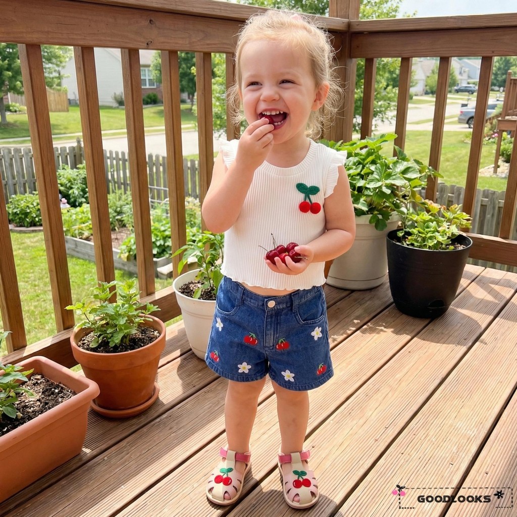 GD-ชุดฤดูร้อนสำหรับทารก ประกอบด้วย Tank Top ลาย 3D Cherries Lettuce Trim และกางเกงยีนส์ขาสั้นยืดหยุ่