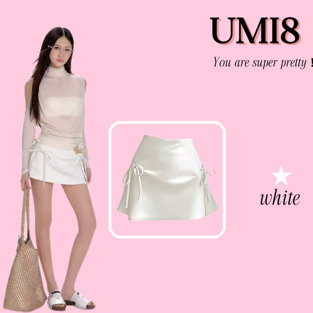 UMI8💝【ในสต็อก】💝กระโปรงยาวปานกลางผ้าซาตินสีขาวผูกโบว์ คอลเลคชั่นใหม่ฤดูใบไม้ผลิ 2026 สำหรับผู้หญิง