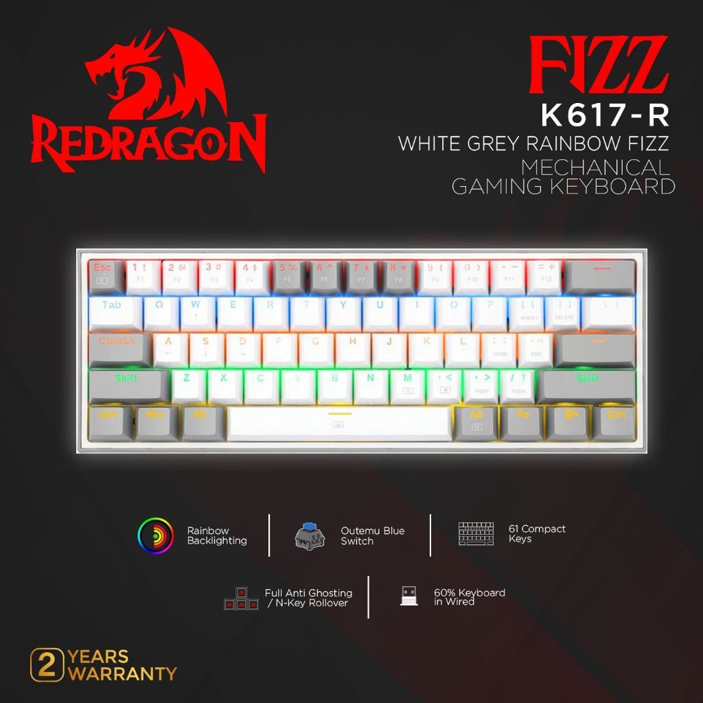 REDRAGON Reddragon Mechanical Gaming Keyboard 60% WHITE GREY RAINBOW FIZZ-K617-R