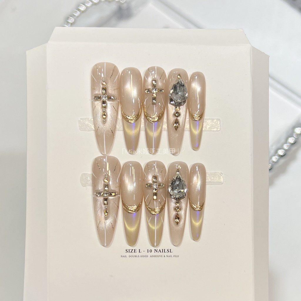 เล็บปลอม เล็บปลอมยาว [Oracle Holy Light] สัมผัสบรรยากาศสติกเกอร์สีนู้ดเพชรกระพริบเล็บยาวคุณภาพสูงสีข