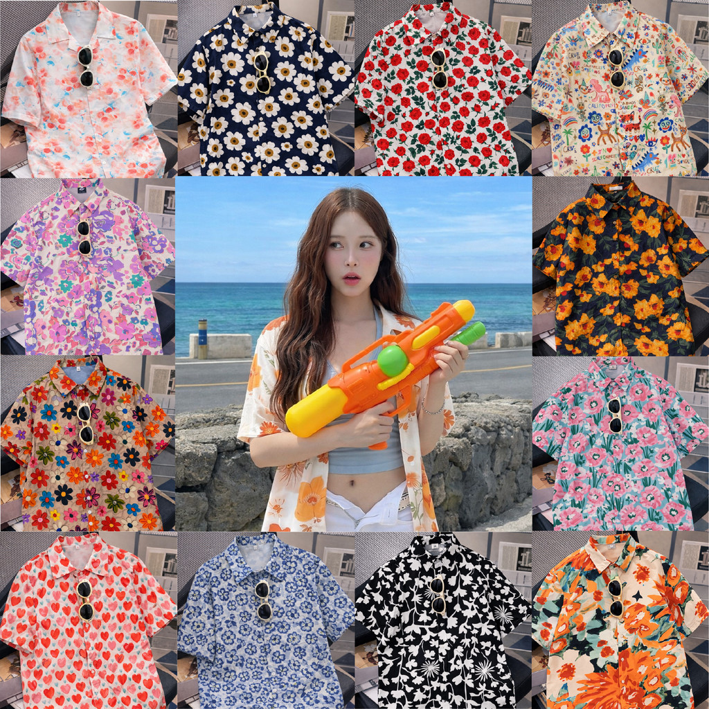 เสื้อสงกรานต์ ผู้หญิง ลายดอก คอปก ชายผ้าโค้ง ผ้าไหมอิตาลี สีครีมลายดอกสีส้ม สีไม่ตก เสื้อฮาวาย #3009