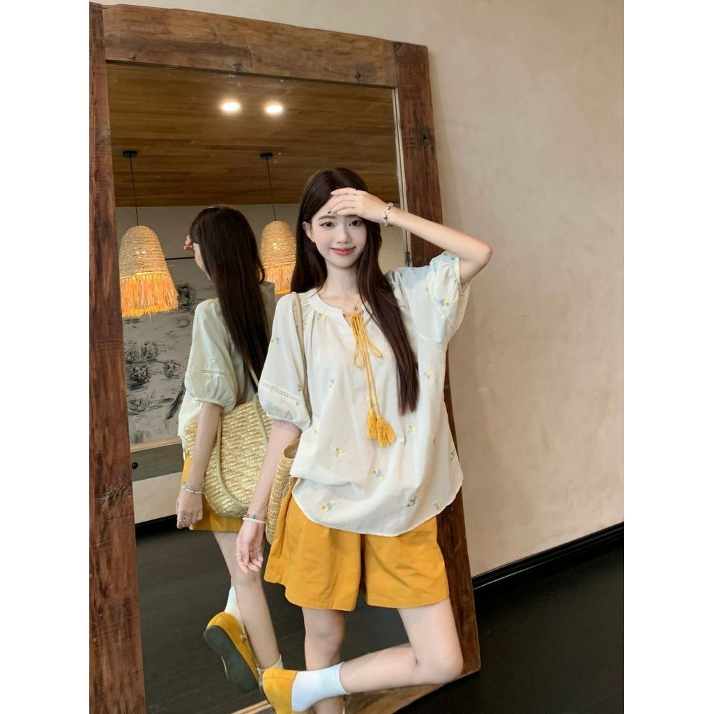 XUHENJIAN Seckill Pastoral สไตล์ชุดอ่อนโยนหวาน Lace-Up ดอกไม้เสื้อยืดผู้หญิงฤดูร้อนเอวสูงหลวมกางเกงข