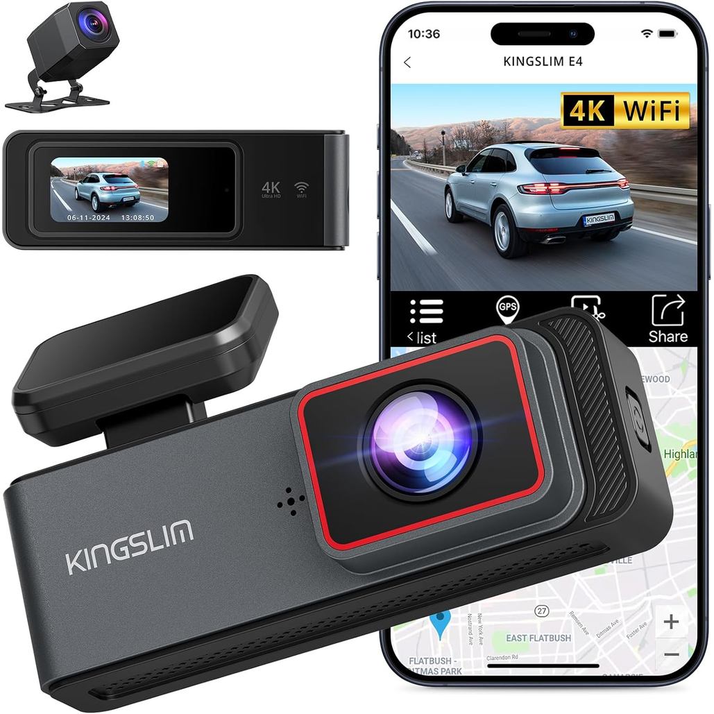 Kingslim E4 4K Dash Cam ด้านหน้าและด้านหลัง, WiFi ด้านหน้า 4K ด้านหลัง 1080P Dual Dash กล้องสําหรับร
