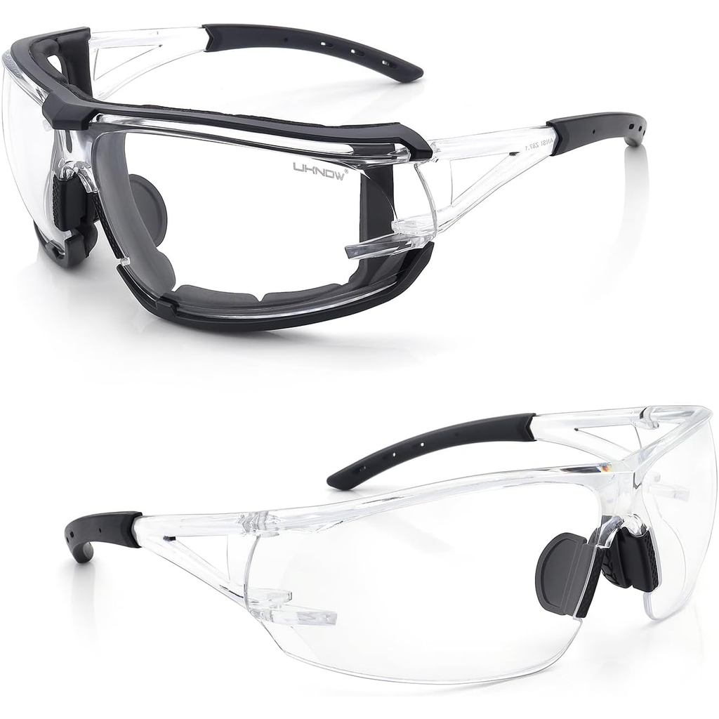 UKNOW แว่นตานิรภัยแบบโฟโตโครมิก, เลนส์เปลี่ยนทิศทางกันรอยขีดข่วน, ปะเก็นโฟมแบบถอดได้, แว่นตาป้องกัน 