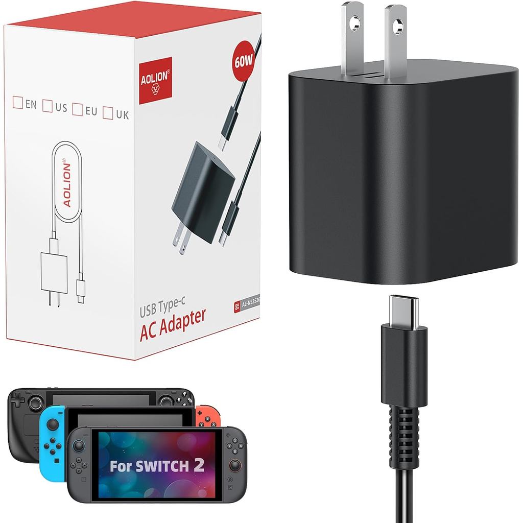 Switch 2 Charger - 60W AC Adapter รองรับ 4K TV Dock, Fast Charger พร้อม PD3.0, 20V/3A สําหรับ Switch