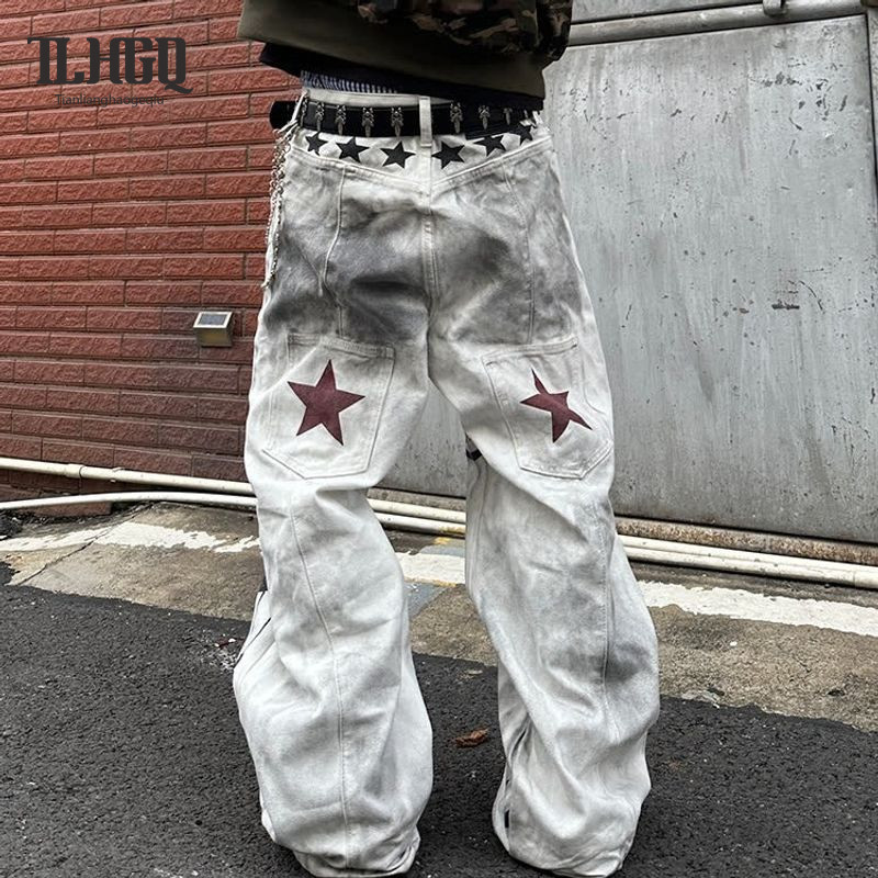กางเกงยีนส์สไตล์อเมริกันวินเทจ ทรงหลวมพอดี สตรีทแวร์สำหรับผู้ชาย