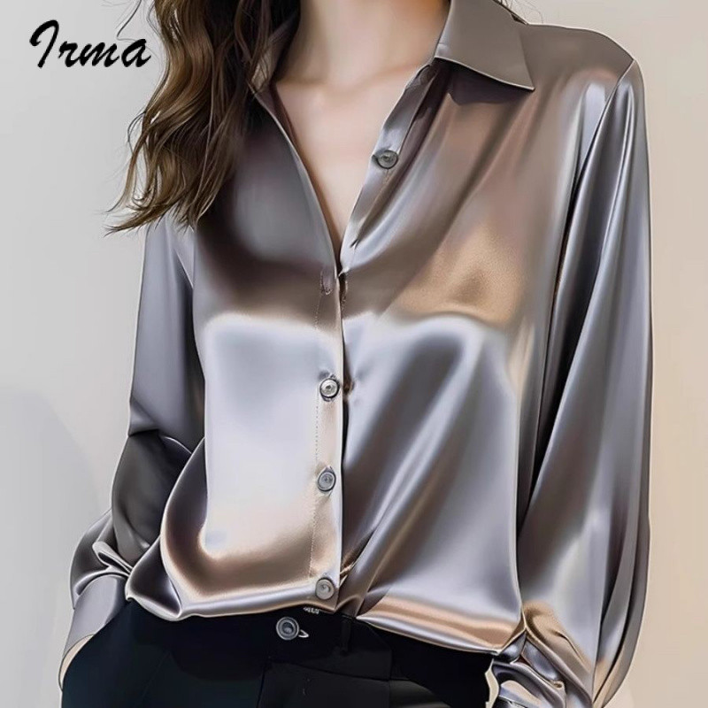 เสื้อผ้าแฟชั่นสำหรับผู้หญิง สไตล์ฝรั่งเศส แขนยาว ทำจากผ้าซาตินสีเทา – โปรปัง