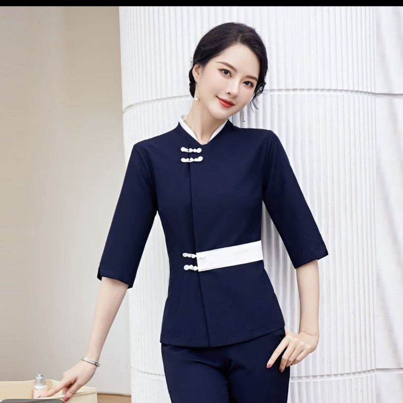 高级中式盘扣职业装酒店服务员工作服承中国风迎宾接待礼宾3.21High-end Chinese-style Buttoned Professional Attire for Hotel Staff, 