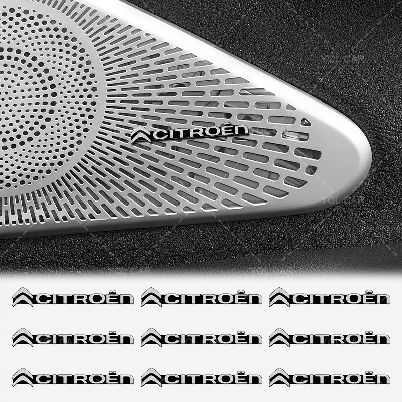 2/4/10pcs อลูมิเนียมรถสเตอริโอสติกเกอร์ 3D โลโก้รถเครื่องขยายเสียงสติกเกอร์สําหรับ Citroen C1 3 6 BX