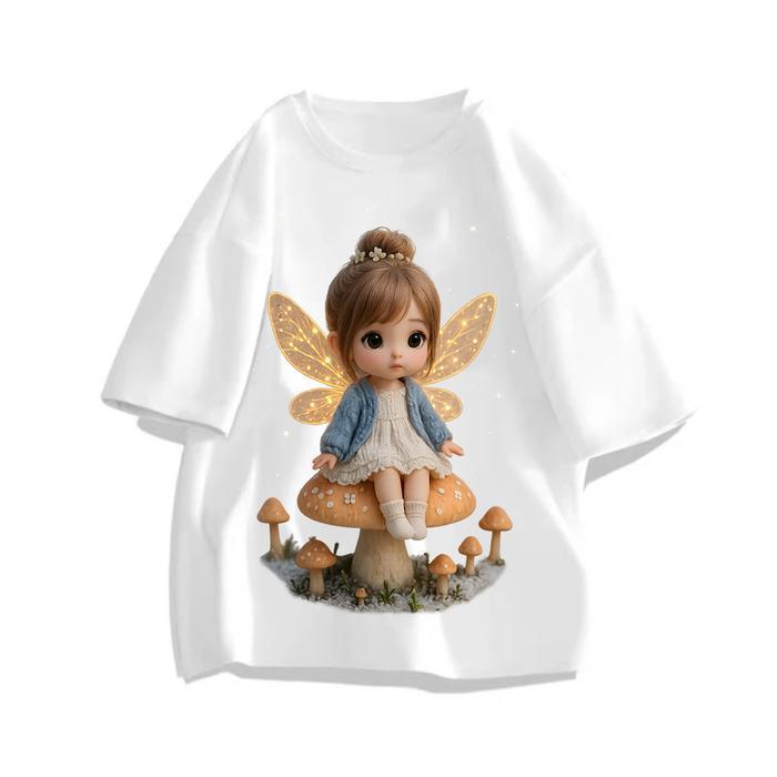 น่ารักเห็ดนางฟ้าเย็บปักถักร้อย Motif การพิมพ์ดิจิตอลเสื้อยืดแขนสั้นปกติสไตล์เกาหลี | วัสดุผ้าฝ้าย - 