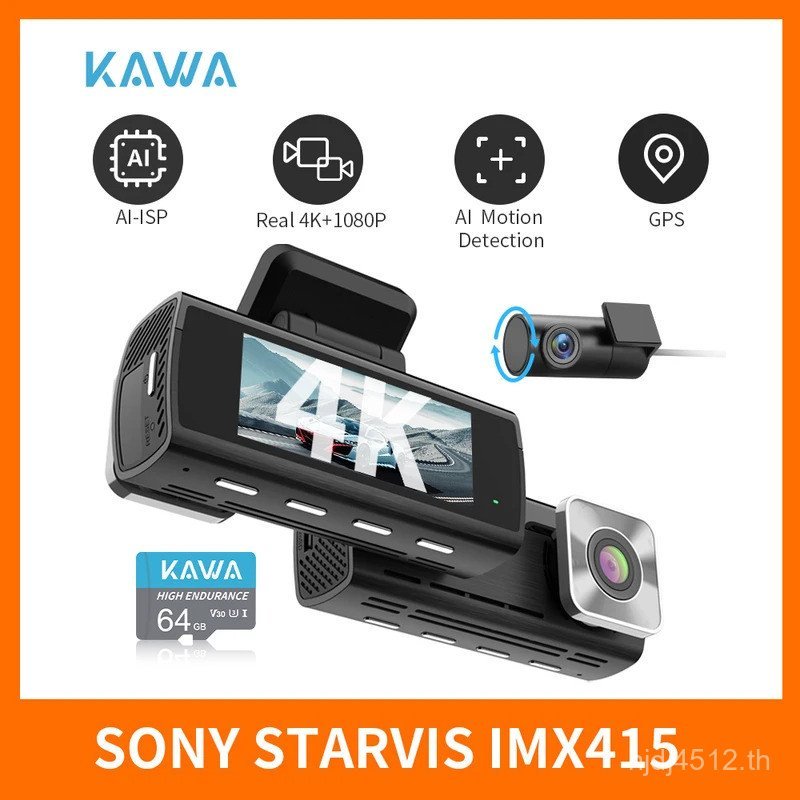 KAWA D10 จริง 4K Dash Cam สําหรับรถยนต์ DVR เครื่องบันทึกวิดีโอด้านหน้าและด้านหลังฟรี 64GB การ์ด AI-