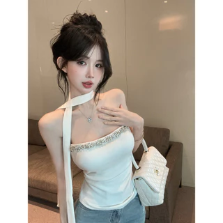 Vogue🌟พร้อมส่ง🌟 เสื้อเกาะอก ตกแต่งเพชร เสริมฟองน้ำ แถมผ้าพันคอเก๋ พอดีตัว (FY2939)