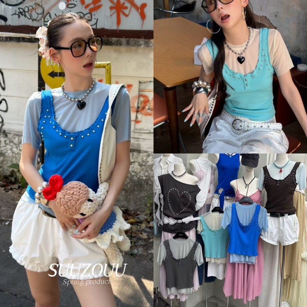 💖🎀 SU153 เซ็ท 2 ชิ้น เสื้อยืดแขนสั้นคอกลม ผ้าบาง มาพร้อมเสื้อกล้ามแต่งอะไหล่ แฟชั่นเกาหลี TAG MM Fish 💖🎀