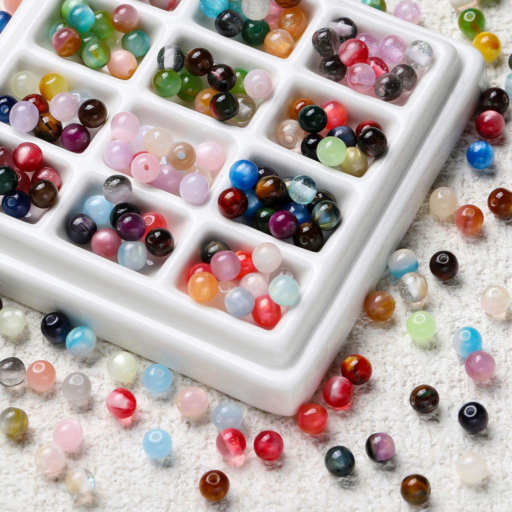 St.kunkka 10ชิ้น ลูกปัดตาแมว 6mm เรซิ่นลายทาง แวววาวสไตล์ สำหรับร้อยสายคล้องมือถือ สร้อยข้อมือ DIY เครื่องประดับ