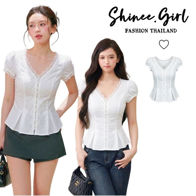 SHG🌹พร้อมส่ง🌹เสื้อเชิ้ตแขนสั้นลูกไม้คอวี สไตล์ฝรั่งเศส ทรงกระชับสวย ใส่ดูผิวขาว เรียบหรู แฟชั่นเซ็กซี่ทันสมัย