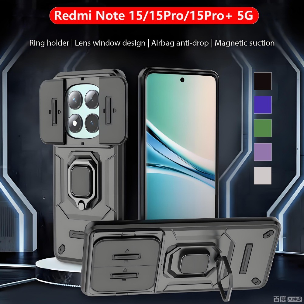 Redmi Note17 2026เกราะกันกระแทกสําหรับRedmiหมายเหตุ15 Pro + Plus Note15 17Pro 4G 5G Pushดึงสไลด์กล้องป้องกันHard PCกันชนเคสโทรศัพท์Anti-fall Stand Holderปกหลัง