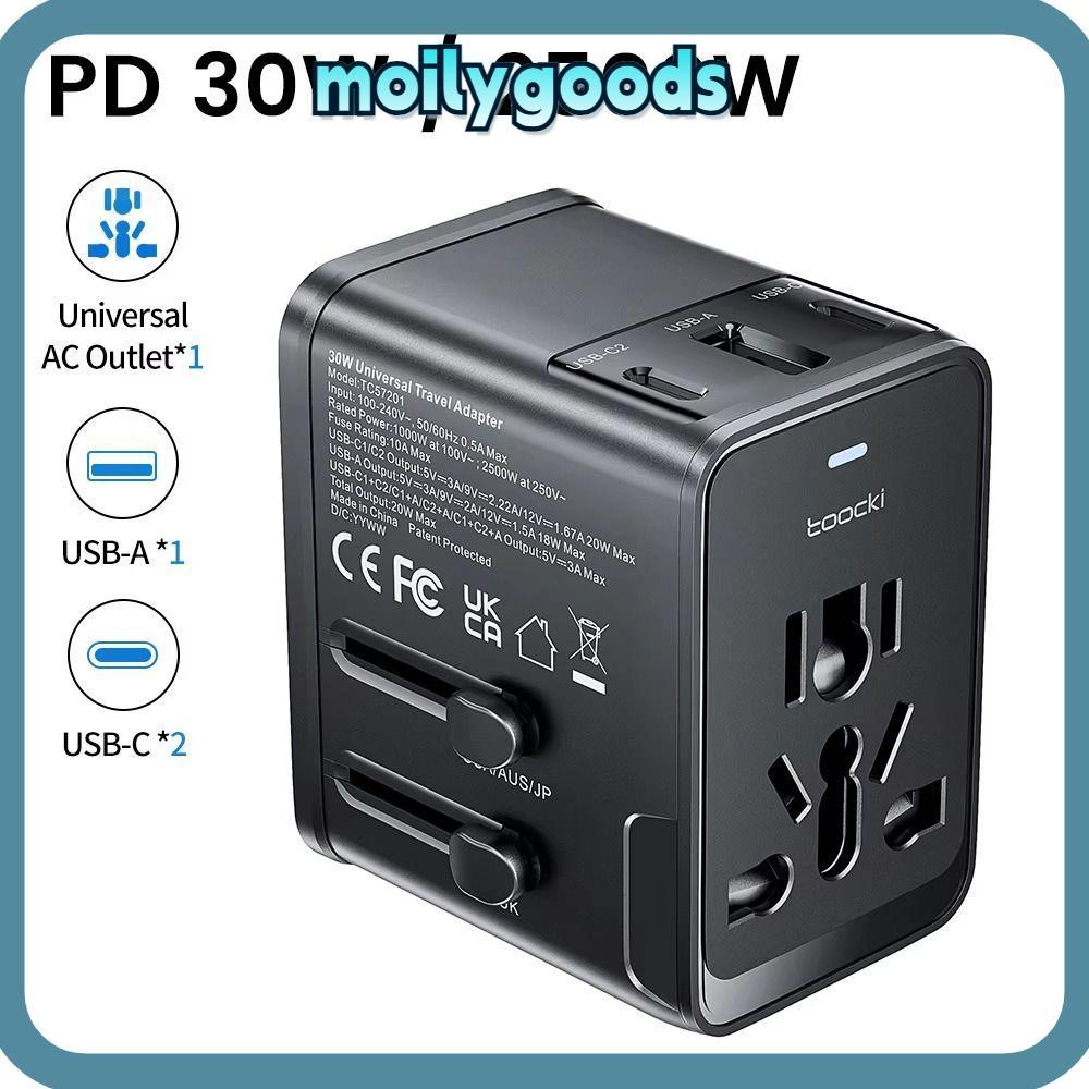 MOILYHD AC Socket Converter, 30W 2USB-C & USB-A Fast Charging Travel Charger Adapter, แบบพกพา Univer