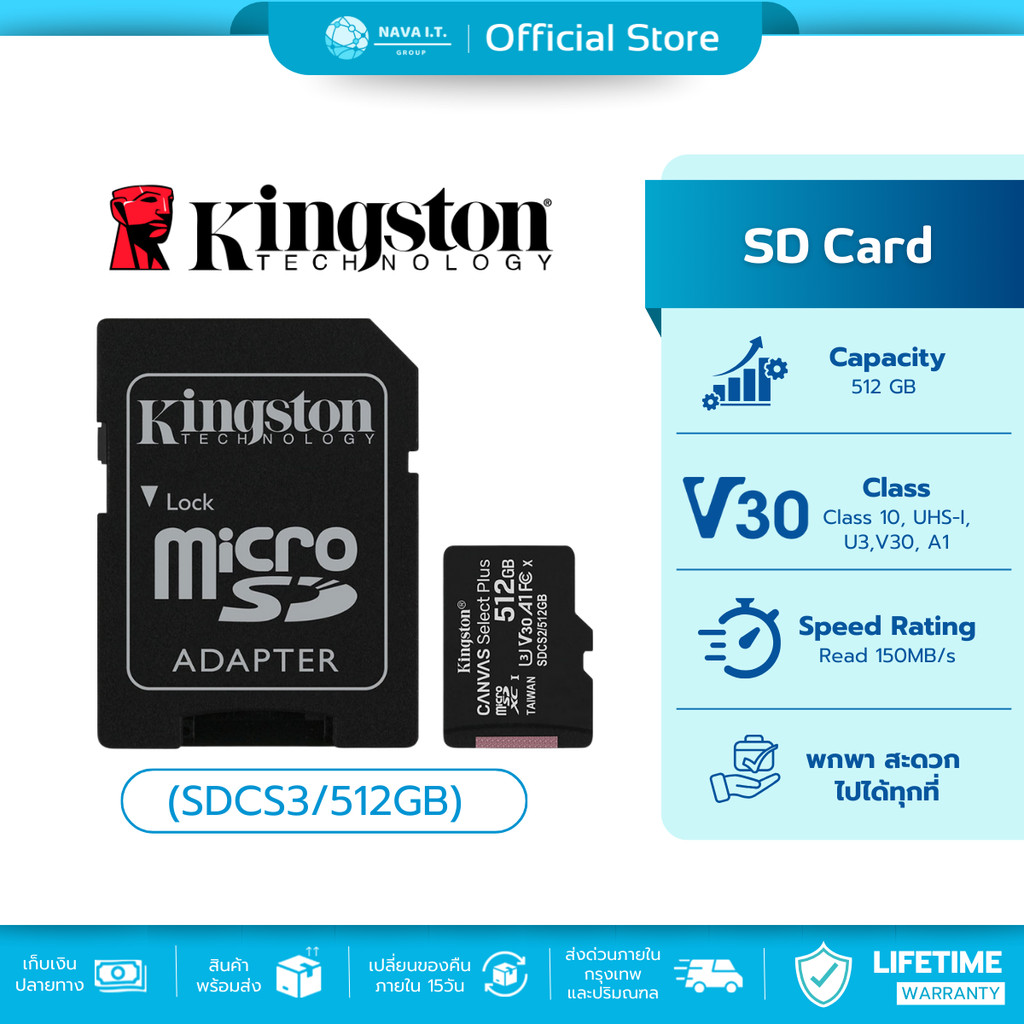 KINGSTON MICRO SD CARD (ไมโครเอสดีการ์ด) ON CANVAS SELECT PLUS (SDCS3/512GB)