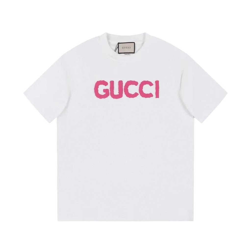 รุ่นยอดนิยม Guc Guc หน้าอกโลโก้ Casual แฟชั่น All-Match รอบคอแขนสั้นเสื้อยืด OS รุ่นหลวม 26ss ฤดูใบไ