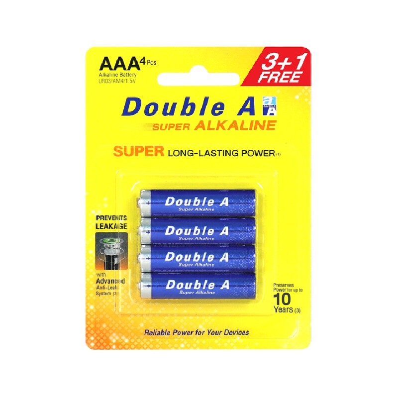 DOUBLE A ถ่านอัลคาไลน์ 1.5V ขนาด AAA แพ็ค 3+1 ก้อน
