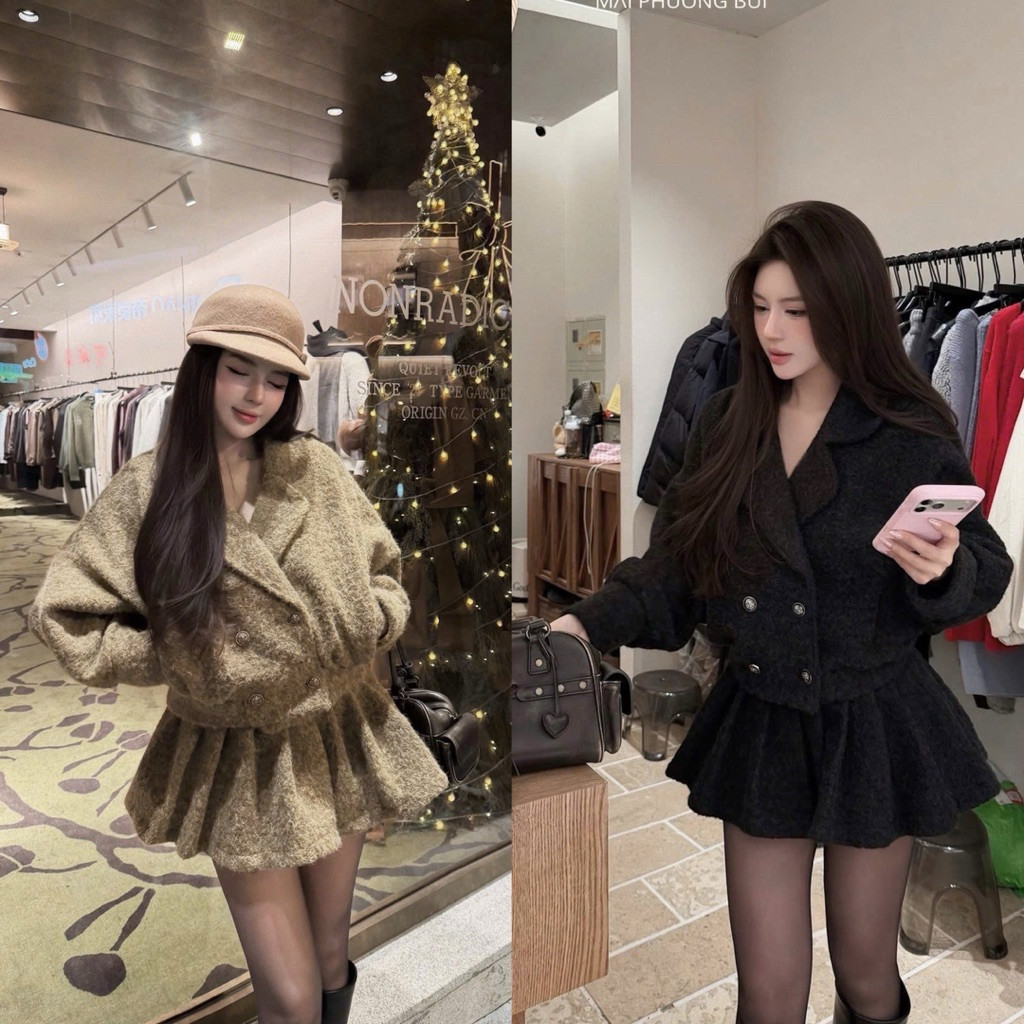 MPB Fur Evening Set เสื้อแจ็คเก็ตเย็นพร้อมคอปกเสื้อกั๊กผสมกระโปรงบาน 2 สีหนา 2 ชั้น