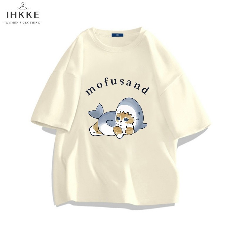 IHKKE สไตล์เกาหลีเสื้อผู้หญิง/แขนสั้น Mofusand Shark Cat Graffiti Pattern Premium Cream เสื้อผ้า/เสื