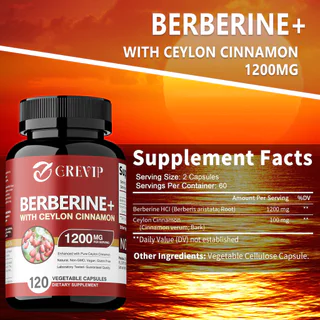 อาหารเสริม GREEP Berberine - พรีเมี่ยม Berberine Hydrochloride 1200 มก. เสริมอบเชย Ceylon 30/60/120 แคปซูล Made in USA Non-GMO ปราศจากกลูเตน