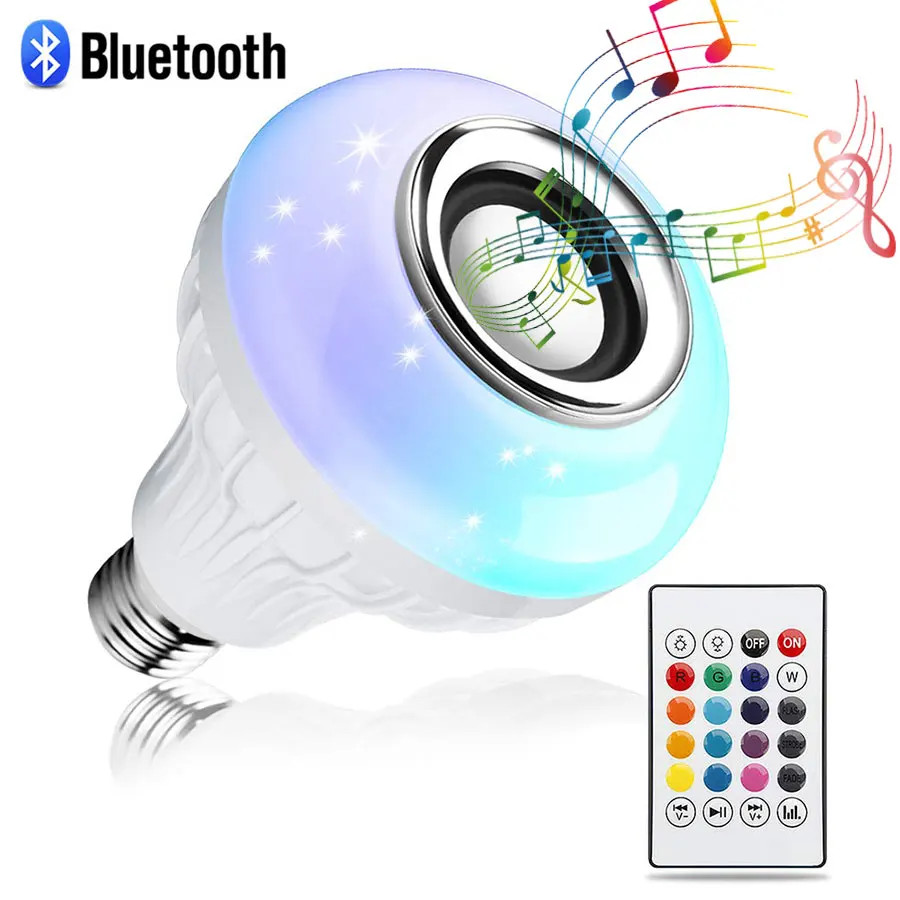 AC 85-265V 12W E27 หลอดไฟ LED พร้อมลําโพงบลูทูธเพลงรีโมทคอนโทรลเปลี่ยนสี RGB โคมไฟสําหรับห้องนอน Party Decor