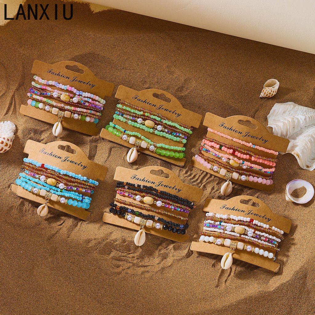 LANXIU Bohemian 7 ชิ้น เครื่องประดับคริสตัลและสร้อยข้อมือ สำหรับผู้ชายและผู้หญิง แฟชั่นใหม่