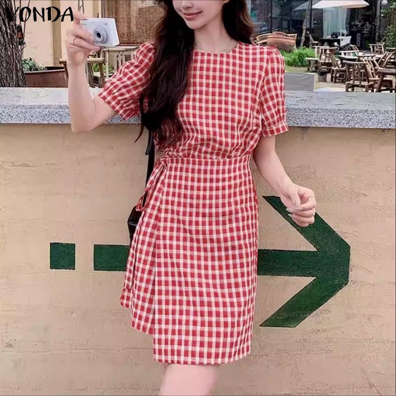VONDA ชุดเดรสสไตล์ GIRLISH RETRO สำหรับผู้หญิง ดีไซน์ลูกเรือ คอพัฟ แขนทีไวน์ ลายสก๊อตแบบ A-LINE — صورة 4