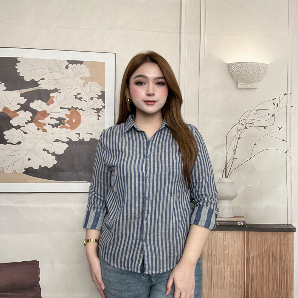 KEMEJA PO จัดส่งหลังจากรอมฎอน | ลายสีน้ําเงินเข้ม Motif|ปุ่มด้านหน้า|เสื้อคอเชิ้ต|ลูกโป่งแขน 3/4|คอป