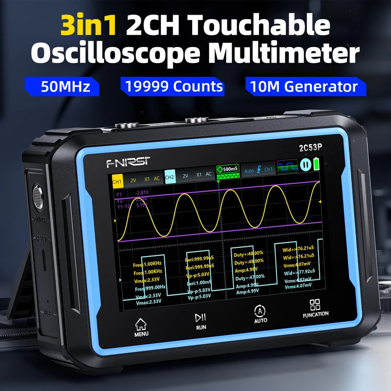 FNIRSI 2C53P หน้าจอสัมผัส Digital Oscilloscope + Multimeter + เครื่องกําเนิดไฟฟ้าสัญญาณ 3IN1 Dual Ch