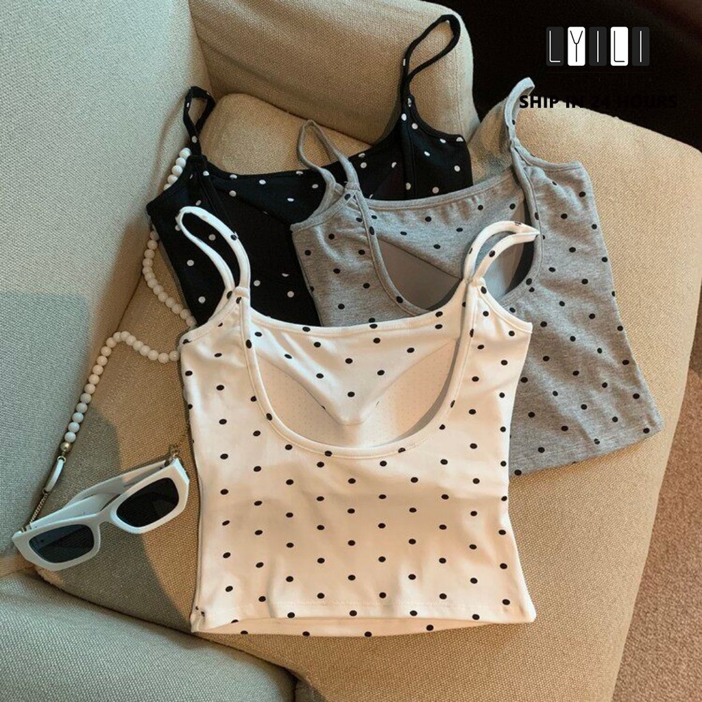 Polka Dot Backless Camisole สำหรับผู้หญิง เบาะCrop ใส่ภายนอกได้