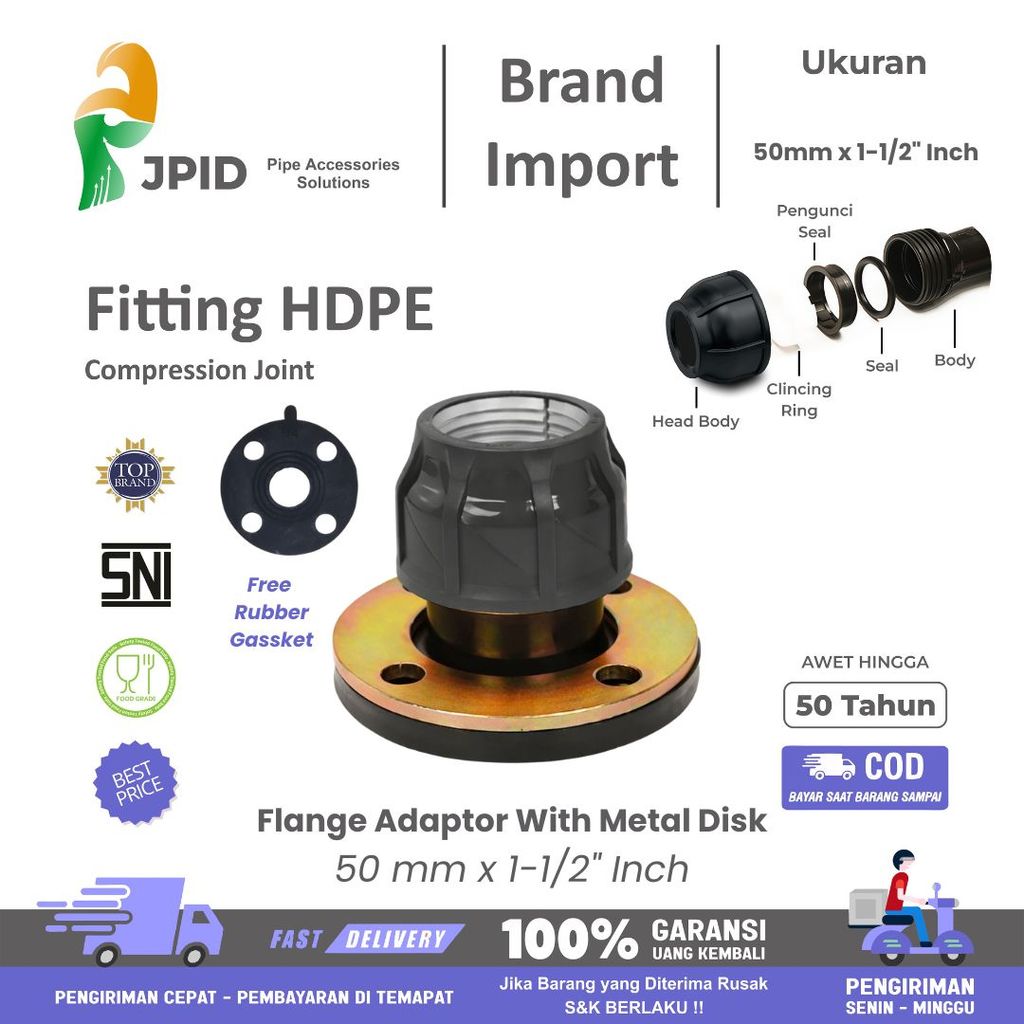 หน้าแปลน Adaptor UK 50 mm x 1-1/2" นิ้วพร้อมดิสก์โลหะฟรีปะเก็นยางข้อต่อ HDPE การบีบอัด PP