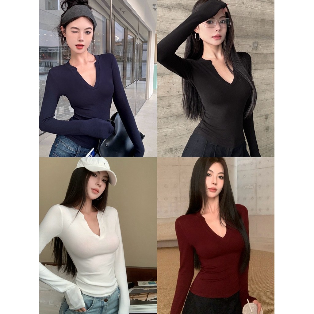 เสื้อยืดผู้หญิงสไตล์เกาหลี คอวีลึกแขนยาว สีทึบเซ็กซี่ ผ้าเนื้อนุ่ม