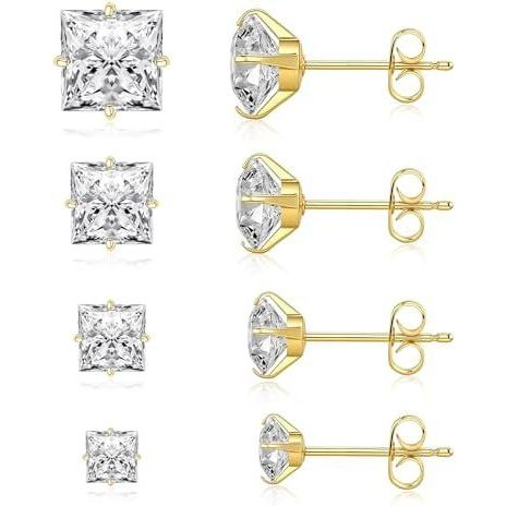 Trinckle 4 คู่ต่างหูสแตนเลส,ต่างหูสตั๊ดสี่เหลี่ยมสําหรับผู้ชายและผู้หญิง, Hypoallergenic Silver Cubi