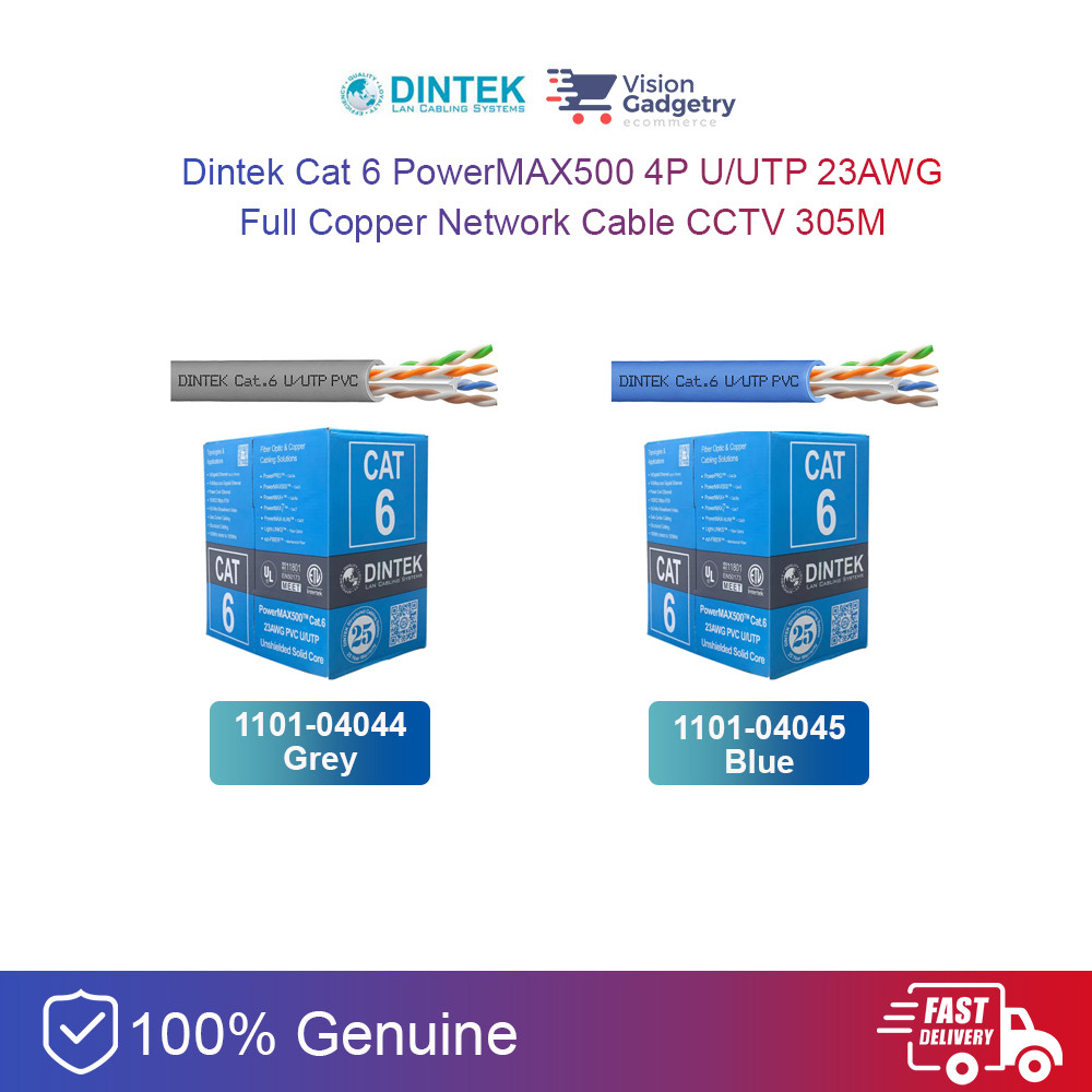 Dintek Cat 6 PowerMAX500 4P U/UTP 23AWG Full Copper Network Cable CCTV 305M 1Box สีเทาสีฟ้า 1101-040