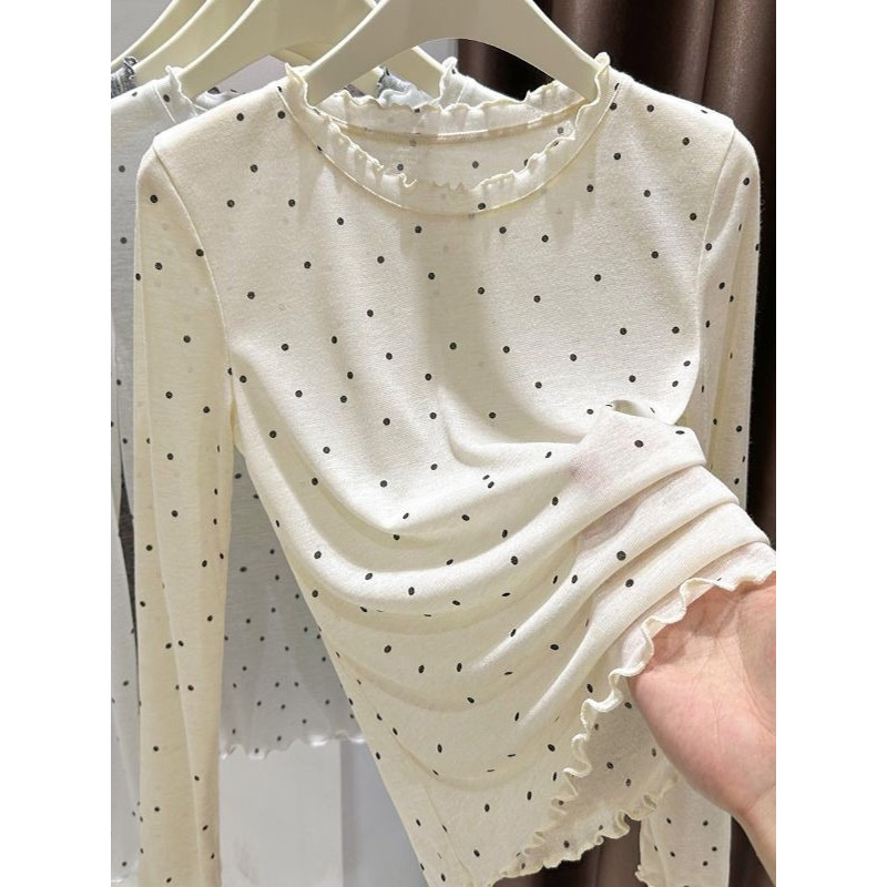 【ส่งไวจากไทย】สไตล์ผู้หญิง เวอร์ชั่นเกาหลี เสื้อยืดแขนยาว แฟชั่น บาง คอกลม ลายจุด ป้องกันแสงแดด