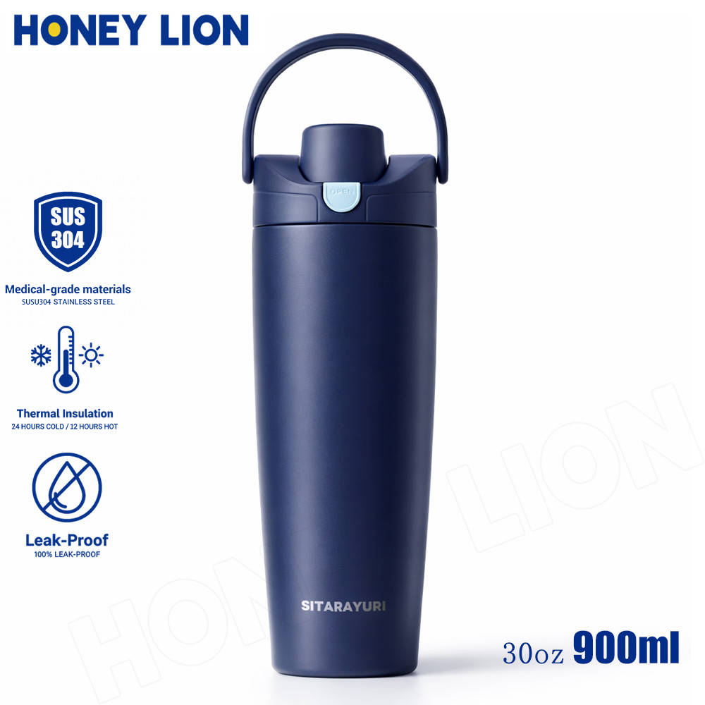 HoneyLion - กระติกน้ำสุญญากาศ 900ml ล็อกอุณหภูมิ 5 ชั้น สแตนเลส 304 เกรดพรีเมียม ปลอดสาร BPA ใส่ได้ทั้งร้อนและเย็น