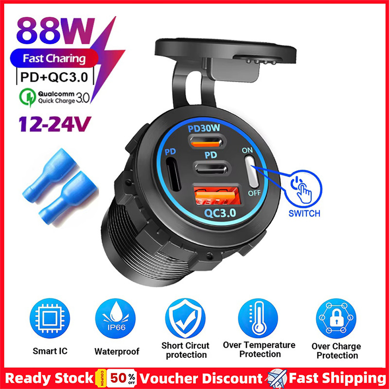 4 พอร์ต 88W Car Fast Phone Charger PD 30W + QC3.0 USB Type C Quick Charging Power Socket พร้อมสวิตช์