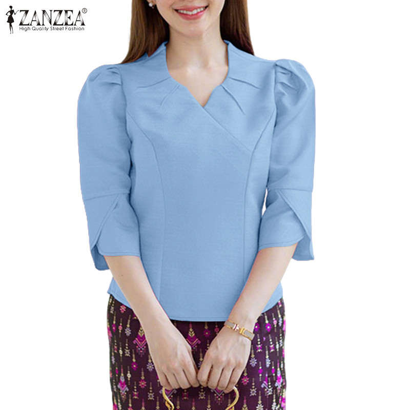 ZANZEA ผู้หญิงเกาหลี V-neck สไตล์ดอกไม้กลีบแขน pleats เสื้อแข็ง