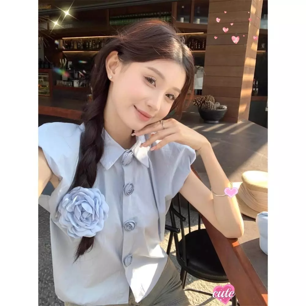 C&T#เสื้อเชิ้ตปกสั้น ฤดูร้อนของผู้หญิง แขนพอง เสื้อลายดอกไม้ #w590 thumbnail 3